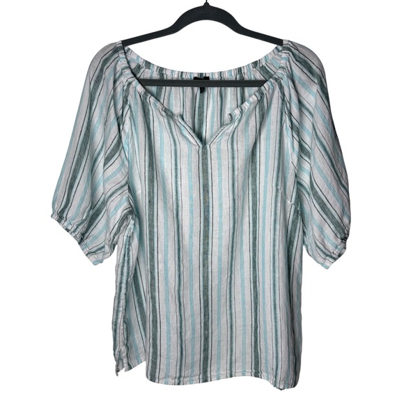 Talbots Tops - Talbots 100% Linen Striped Peasant Top L Teal Green Split V-Neck Boho Coastal